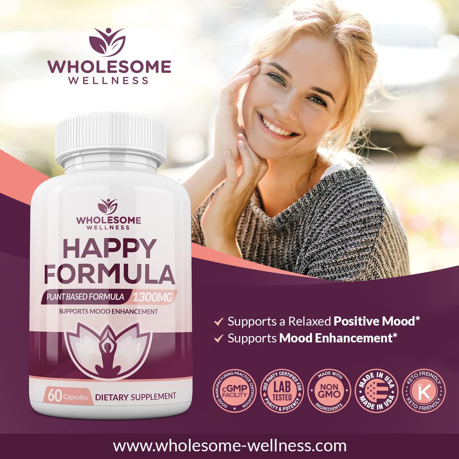 Wholesome Wellness Happy Formula Natural Formula Relief Supplement for Women & Men | 60 Capsules