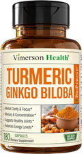 Turmeric Curcumin Supplement with Ginkgo Biloba & Black Pepper – Natural Turmeric Supplement with Organic Tumeric for Joint Support, Brain Clarity, Focus & Memory – Vegan, 180 Ginko Biloba Capsules