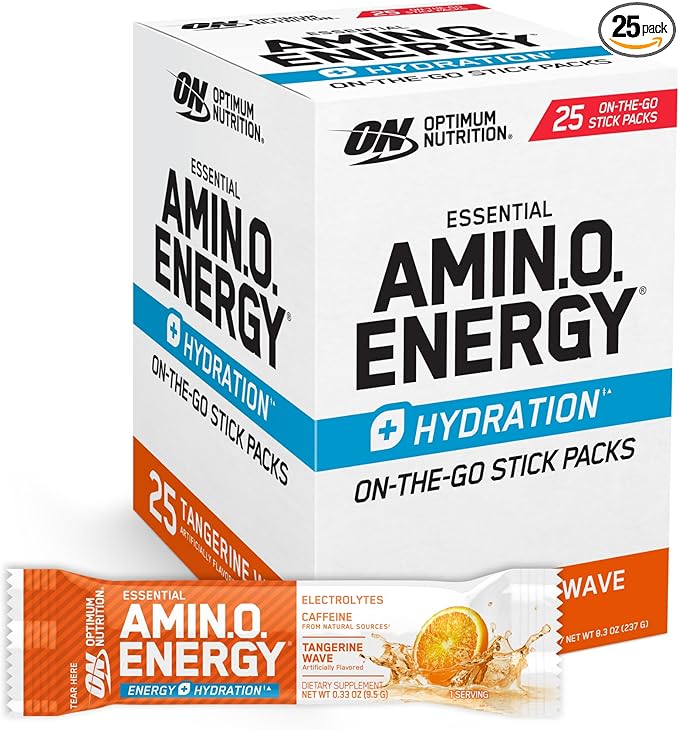 Optimum Nutrition Amino Energy Hydration Packets, On-The-Go Energy Powder Stick Packs, Tangerine Wave, 25 Count