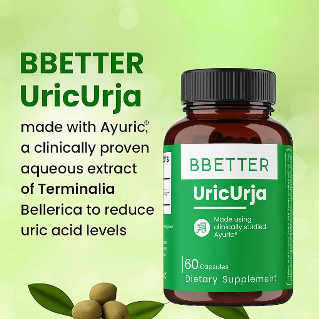 BBETTER UricUrja – Uric Acid Support Supplement with Ayuric® (Terminalia bellirica) – Lab-Tested Herbal Formula –180 Capsules