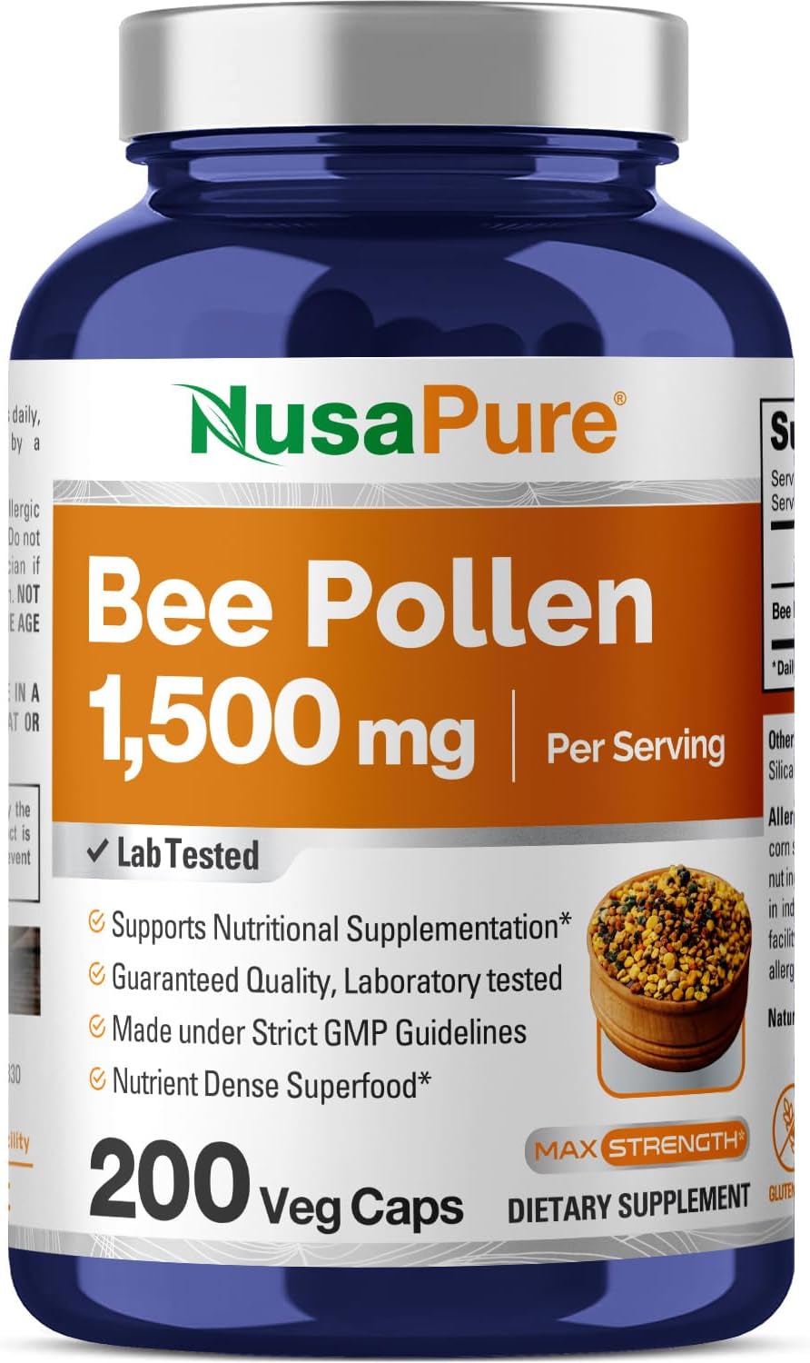 NusaPure Bee Pollen 1500mg 200 Veggie Caps (100% Vegetarian, Non-GMO, Gluten Free) Naturally Occurring Proteins, Aminoacids*