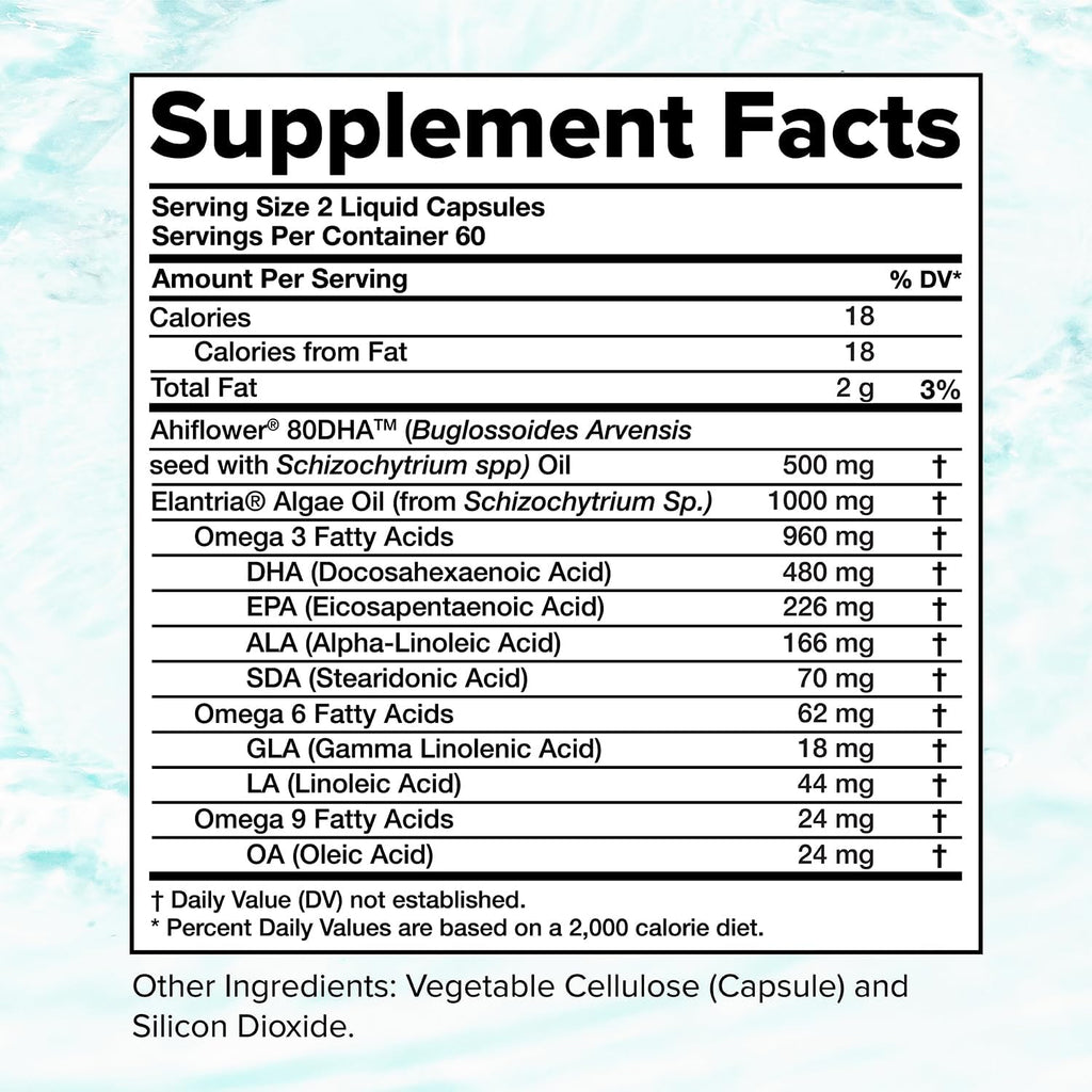 Complement Vegan Omega 3 Supplement- 960mg Omega-3 Fatty Acids, DHA, EPA, SDA, ALA Supplement - Immune Support- 60 Servings, 120 Liquid Capsules