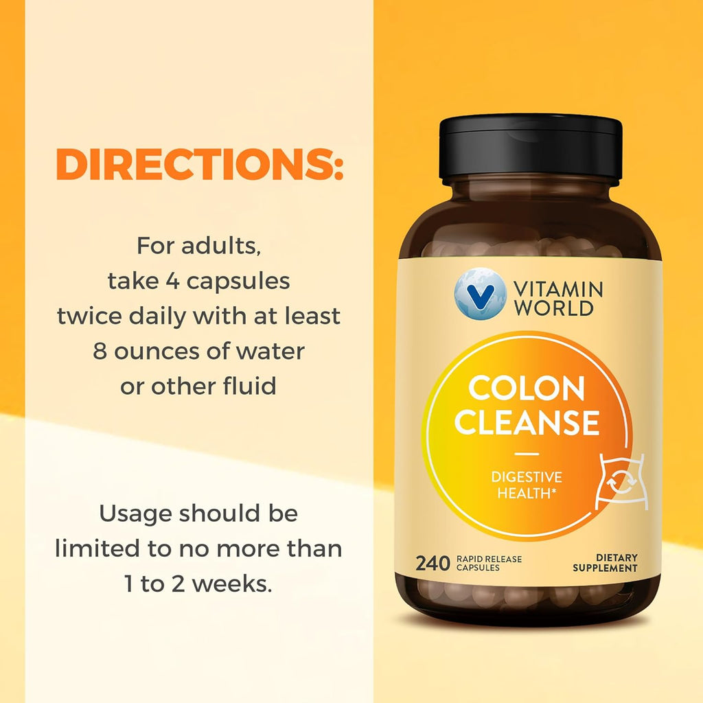 Vitamin World Colon Cleanse - 240 Capsules, Gut Detox with Psyllium Husk, Senna, Probiotics, Dietary Fiber & Herbal Blend – Supports Constipation Relief, Digestive Health & Regularity, Gluten-Free