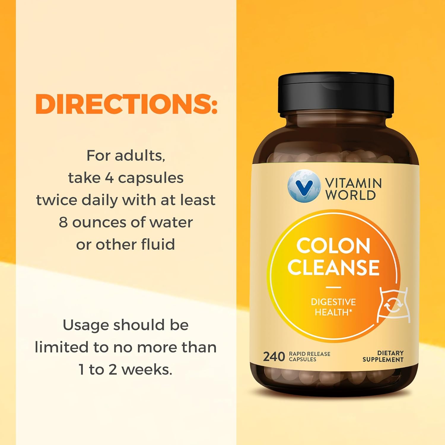 Vitamin World Colon Cleanse - 240 Capsules, Gut Detox with Psyllium Husk, Senna, Probiotics, Dietary Fiber & Herbal Blend – Supports Constipation Relief, Digestive Health & Regularity, Gluten-Free