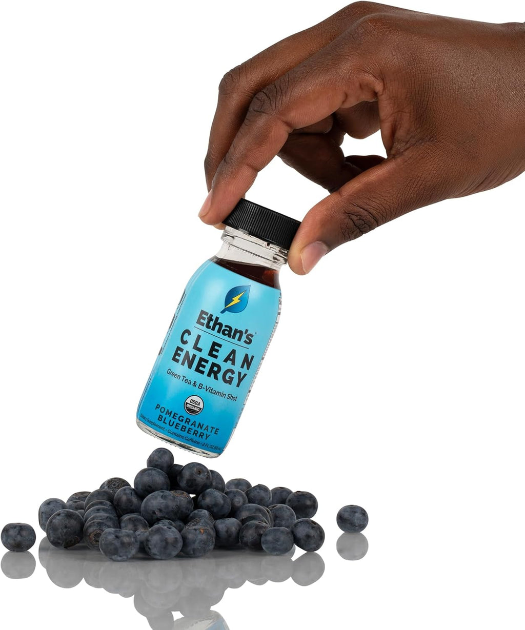 Ethan's Organic Clean Energy Shots Pomegranate Blueberry, Sugar Free Natural Pre-Workout Focus Boost, Gluten Free, Vegan, B6 & B12 Vitamin C with Green Tea Extract and Guayusa (12 Pack of 2oz Shots)