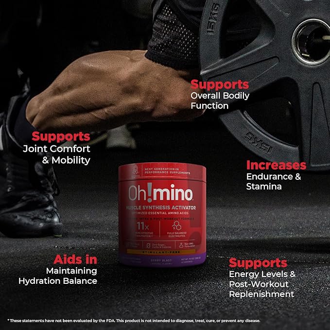 Oh!mino Essential Amino Acids Supplement, Berry Blast, Stimulant-Free Powder, All 9 EAAs, BCAAs and The Perfect Amino for Workouts, Amino Energy, and to Build Muscle, and Recover Faster