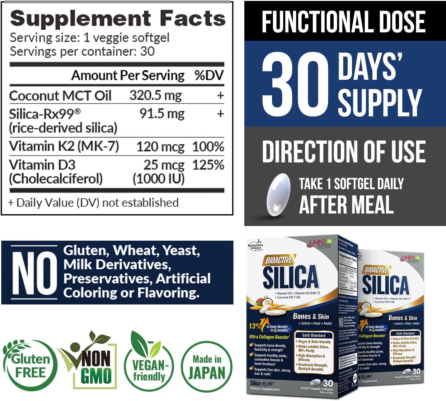 LABO Nutrition Bioactive Silica – For Hair, Skin, Nails, Collagen Formation, Joint & Bone Strength – Support Bone Health & Collagen Booster– 99% Purity Rice-Derived Silica Supplement, 30 Vegan Softgel