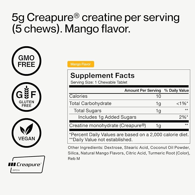 Momentous Creatine Chews - Creapure Creatine Monohydrate - Supports Strength, Lean Muscle, & Recovery for Men & Women - NSF Certified for Sport - 150 Chewable Tablets - Mango