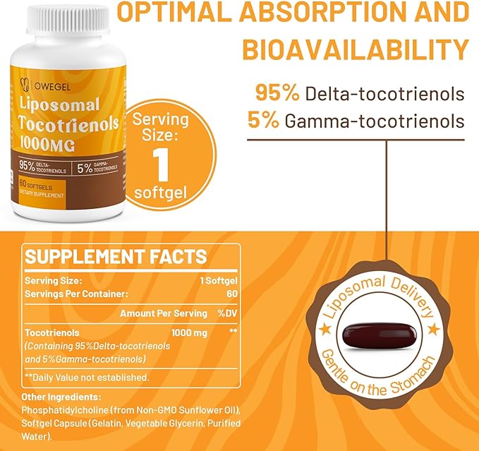 Liposomal Tocotrienols 1000mg - High Bioavailability Vitamin E Tocotrienols Supplements,95% Delta & 5% Gamma Tocotrienol Capsules Support Skin,Bone,Antioxidant,300 Softgels