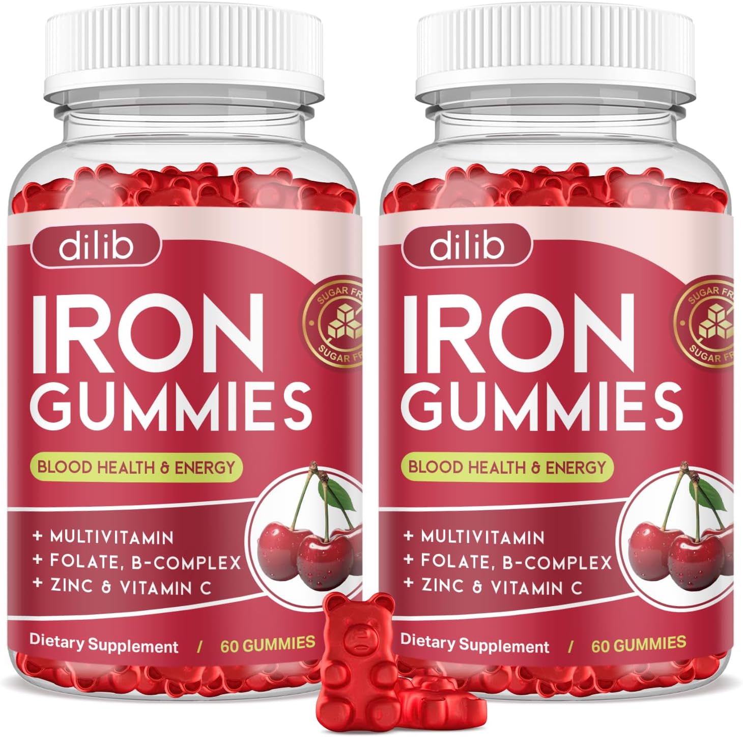 Iron Gummies with Multivitamin, Iron Supplement for Women & Men, Kids Multivitamin with Iron, Zinc, Vitamin B Complex & C, B12, Folate - Blood Builder, Energy Support, Cherry Flavor, Vegan 120 Gummies