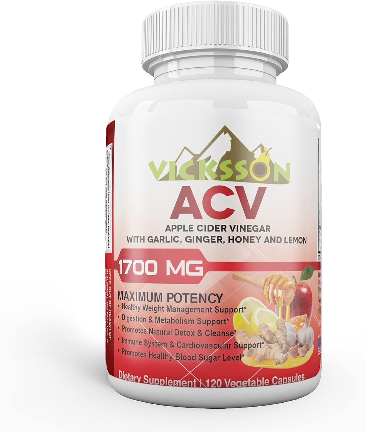 Vicksson Apple Cider Vinegar Pills 1700 mg of ACV with Garlic, Ginger, Lemon & Honey for Weight, Detox, Cleanse, Appetite, Bloating, Metabolism & Immune Support | 120 Capsules