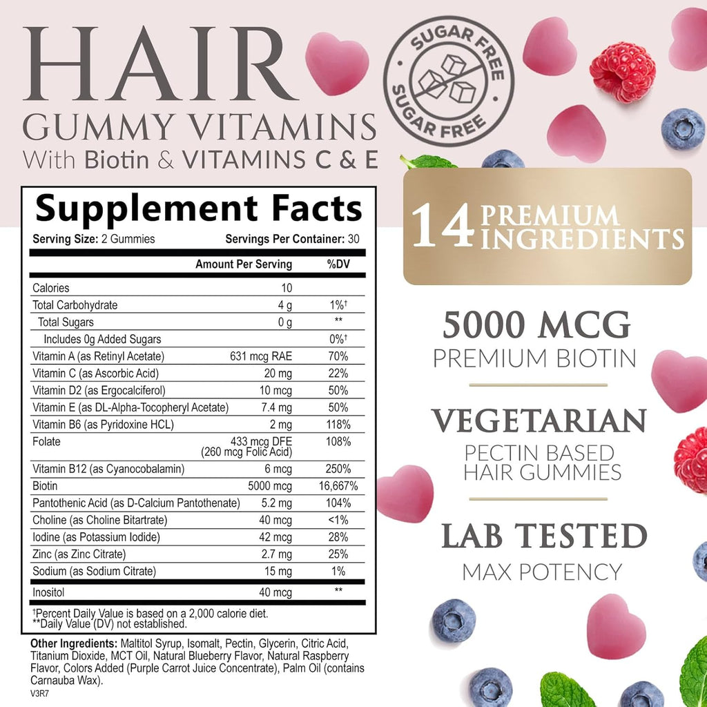 Sugar Free Hair Vitamins Gummies with Biotin 5000 mcg, Vitamin A, B12, C, D, E, Folic Acid, Supports Hair Growth Gummy, Vegetarian Friendly, Supports Strong Beautiful Hair and Nails - 60 Gummies