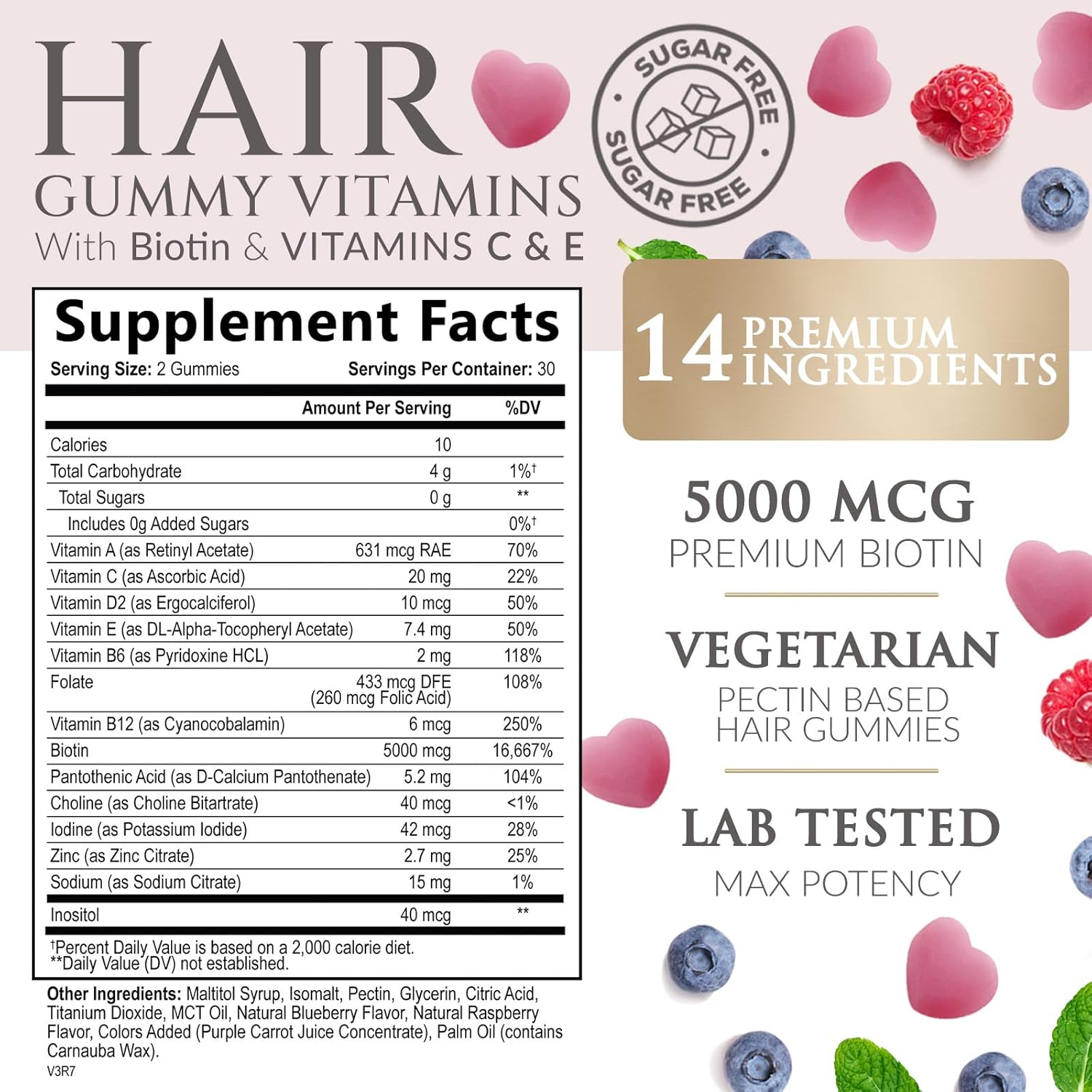 Sugar Free Hair Vitamins Gummies with Biotin 5000 mcg, Vitamin A, B12, C, D, E, Folic Acid, Supports Hair Growth Gummy, Vegetarian Friendly, Supports Strong Beautiful Hair and Nails - 60 Gummies
