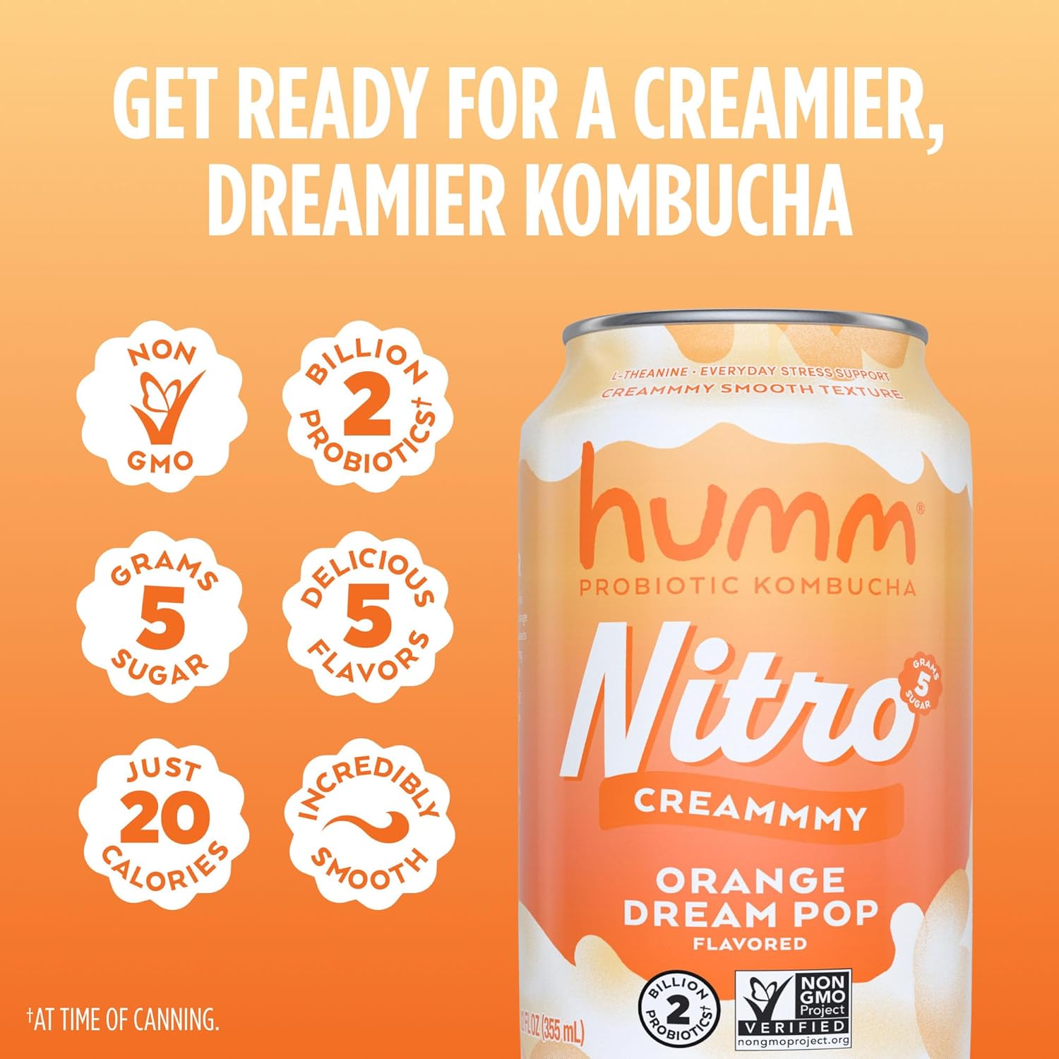 Humm Nitro Kombucha Orange Dream Pop, Creamy Smooth Probiotic Drink with L-Theanine, Non-GMO, Vegan, Gluten Free, 12 fl oz (Pack of 12)