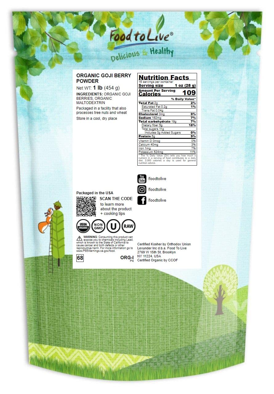 Food to Live Organic Goji Berry Powder, 1 Pound Non-GMO, Kosher, Vegan, Bulk, Contains Maltodextrin