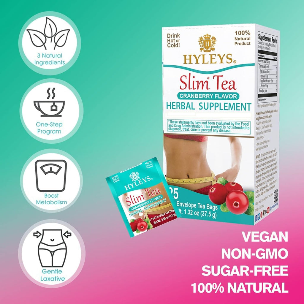 Hyleys Slim Tea Cranberry Flavor - Weight Loss Herbal Supplement Cleanse and Detox - 25 Tea Bags (12 Pack)