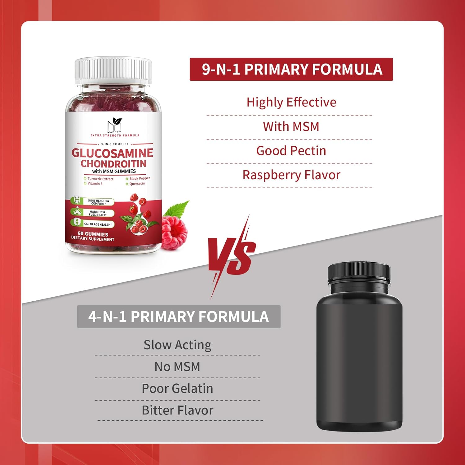 Glucosamine Chondroitin Gummies Triple Strength (1,000mg Glucosamine,750mg Chondroitin) with MSM, Turmeric, Quercetin, Vitamin E, Joint Support Supplement, Antioxidant 60 Gummies Raspberry Flavor