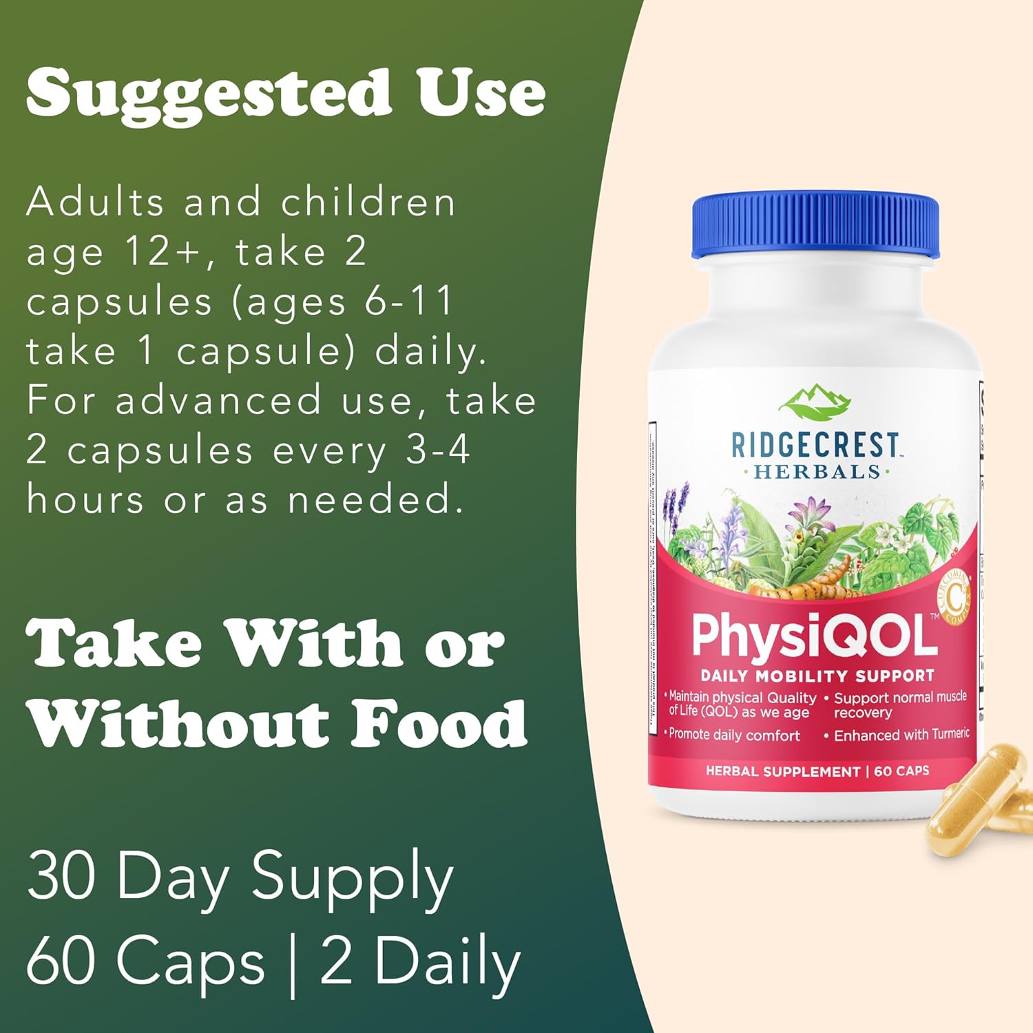 Ridgecrest Herbals PhysiQOL, Herbal Supplement with Boswelia and Tumeric (60 Vegan Caps, 30 Serv)