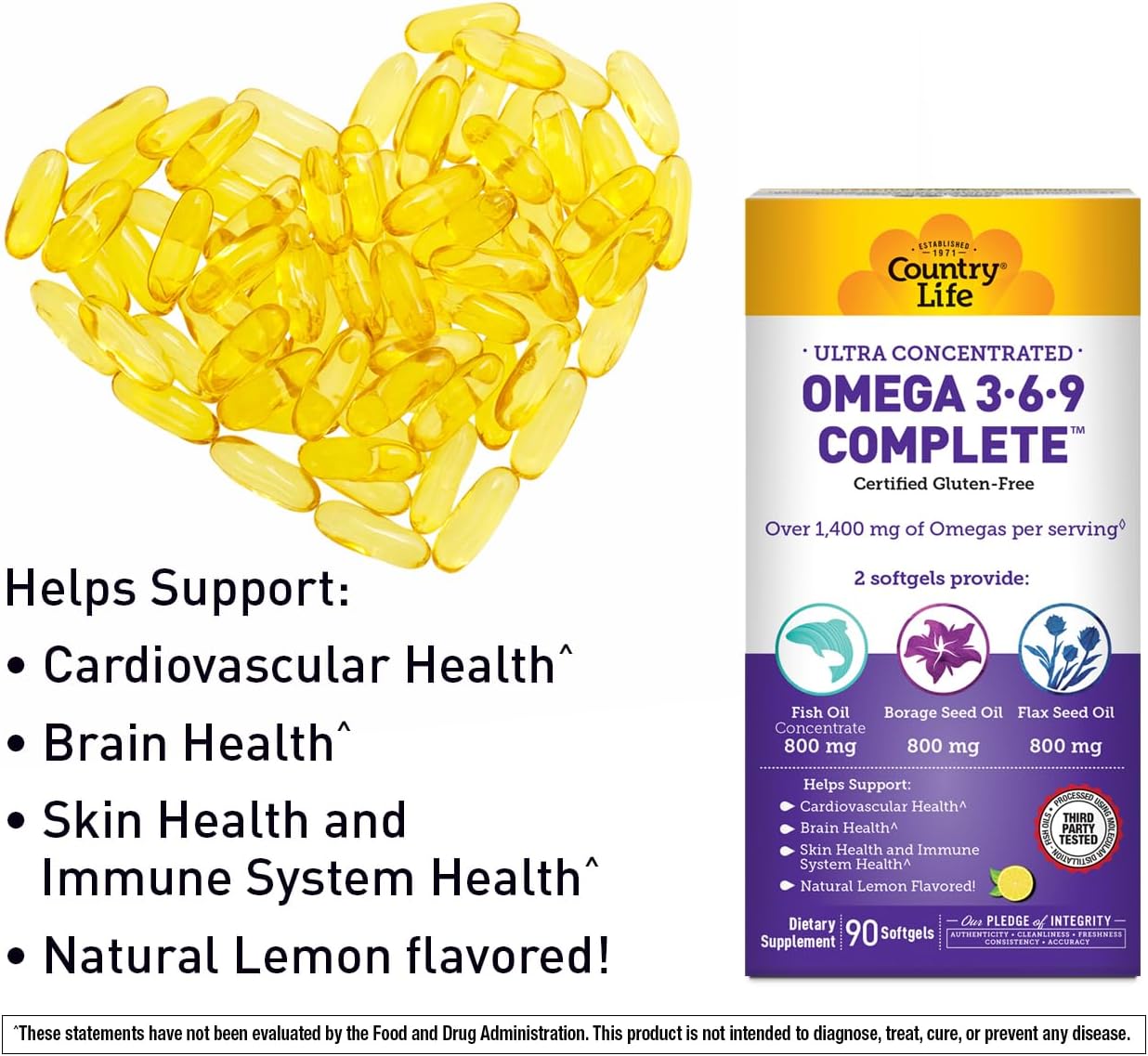 Country Life Omega 3-6-9 Complete Supplement - 1,534mg Omega Fatty Acids - Supports Cardiovascular, Brain, Skin & Immune Health - Certified Gluten Free, Non-GMO - 90 Softgels