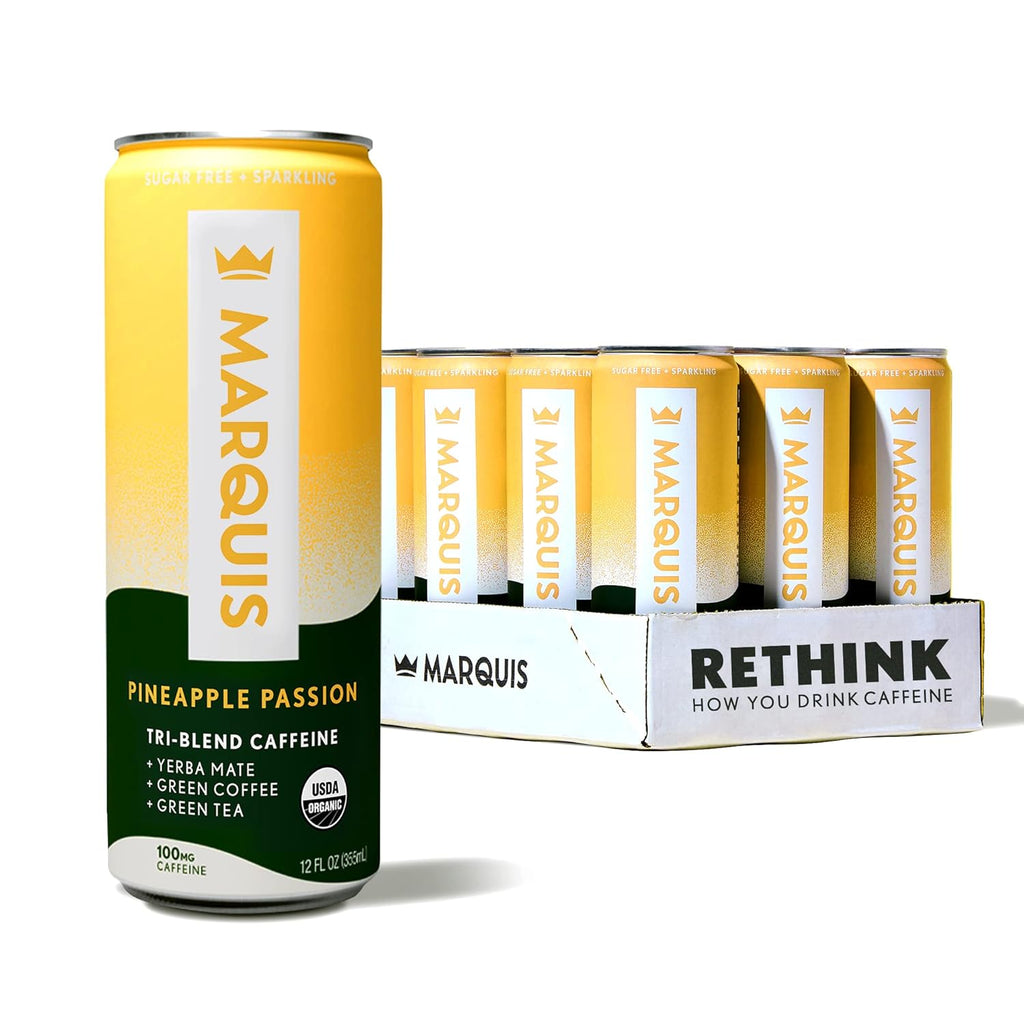 Marquis - Natural Energy Drink - Pineapple Passion - Sugar Free - 0 Calories - 100mg of Organic Plant Based Caffeine - Yerba Mate - Green Tea - Vitamin C & B Vitamins - Vegan - 12 oz Cans - 12 Pack