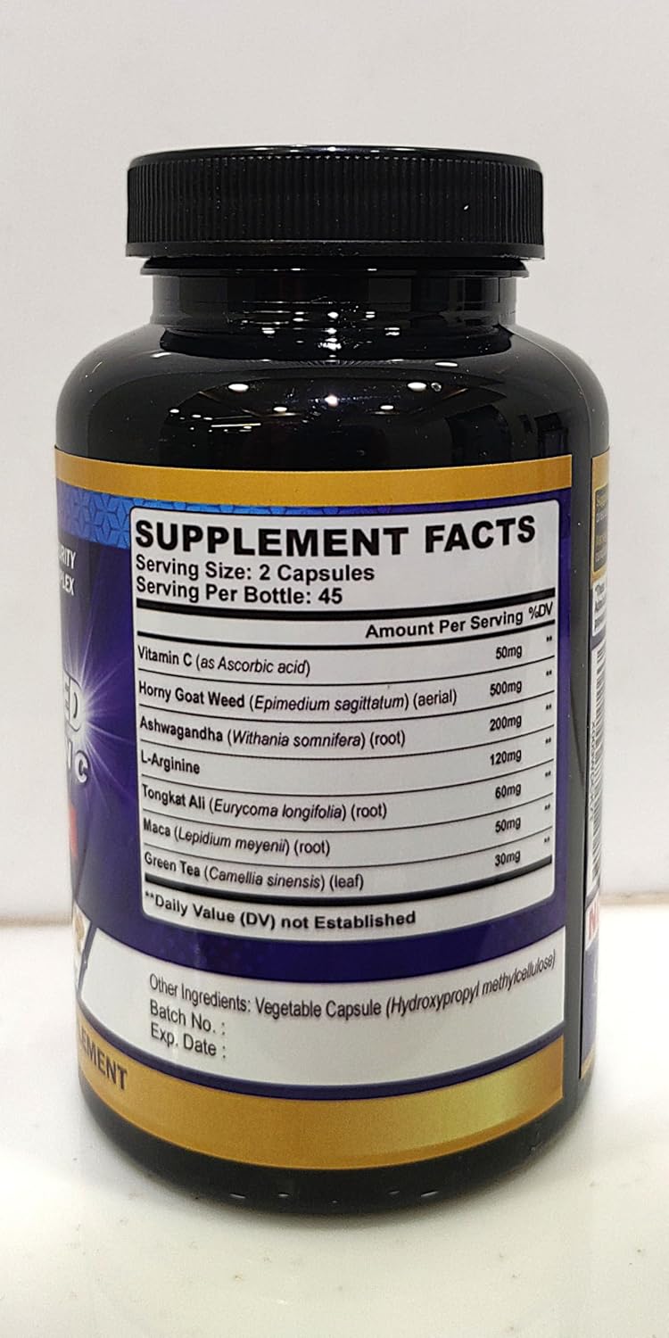 Organic Cadane Horny Goat Weed Supplement - 7in1 Blended with VIT C, Ashwagandha Root, L-Arginine & More - 90 Capsules