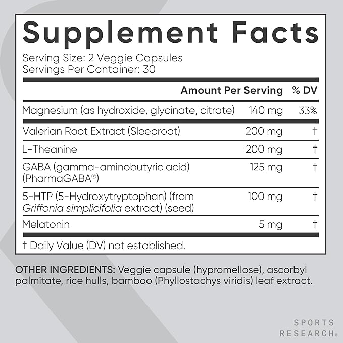 Sports Research® Sleep Complex with Melatonin 5mg, L-Theanine 200mg & Magnesium - Supports Restorative Sleep & Relaxation - Vegan Certified · Non-GMO · Gluten Free - 60 Veggie Capsules