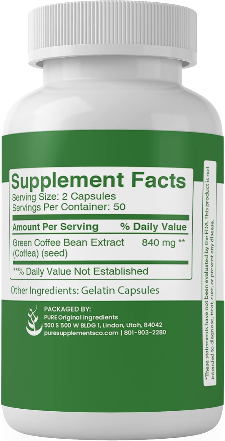 PURE ORIGINAL INGREDIENTS Green Coffee Bean Extract, (100 Capsules) Always Pure, No Additives Or Fillers, Lab Verified