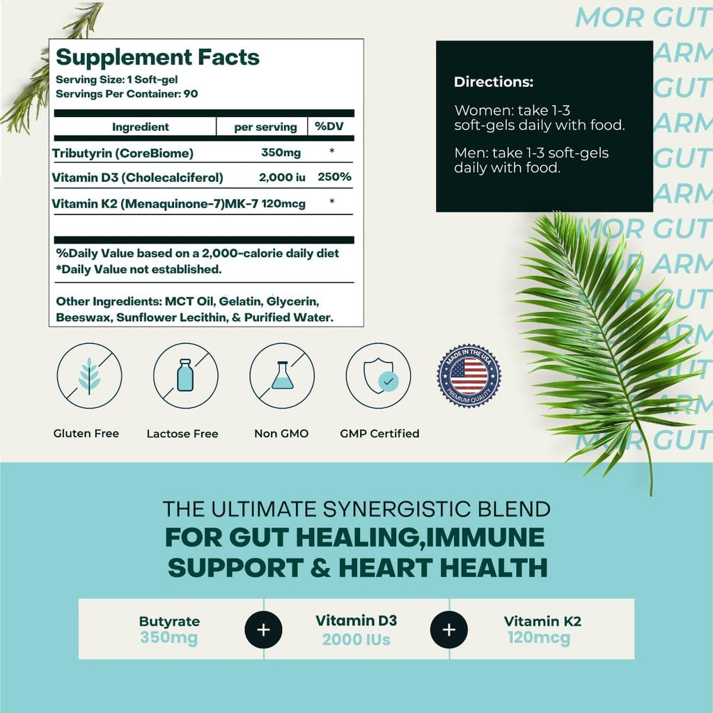 Gut & Heart Health + Immune Support | 1 Month Supply | 30 Soft Gel Capsules | Pure Butyrate 350mg & Vitamin D3 2000IUs & Vitamin K2 120mcg | Heart Health | Gastrointestinal Support