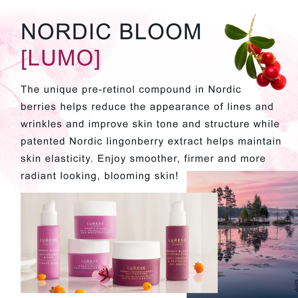 Lumene [Lumo] Nordic Bloom Anti-Wrinkle & Firm Moisturizing V-Shape Face Serum - Hydrating Serum to Help Visibly Reduce Fine Lines + Wrinkles - Infused with Nordic Lingonberry Extract (30 ml)