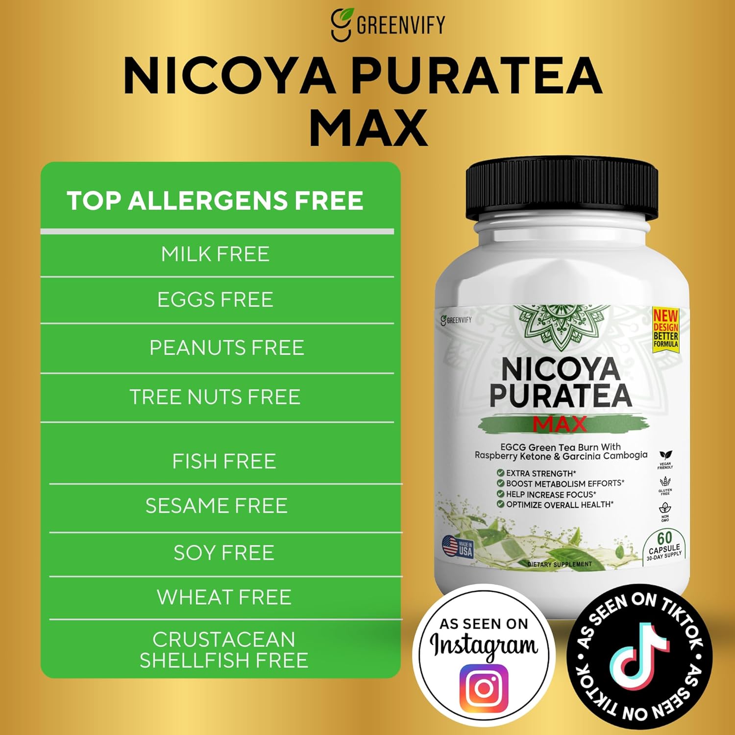 Nicoya PuraTea Max Green Tea Extract & Green Coffee Bean for Metabolism Support, Natural Energy Boost, Antioxidant-Rich Supplement – 120 Capsules
