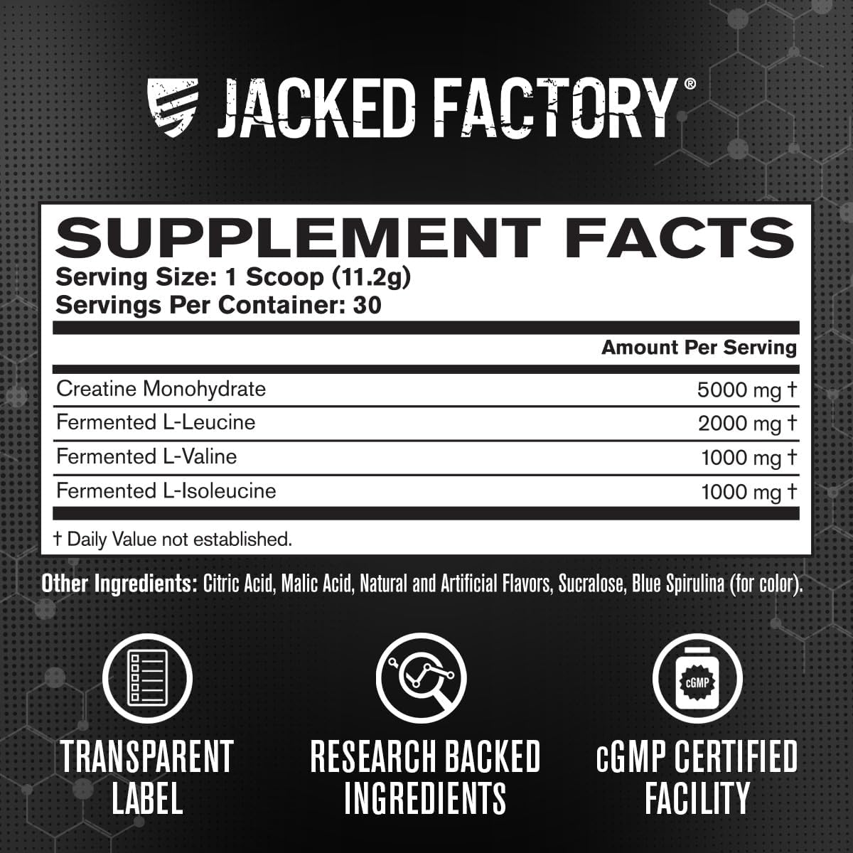 Jacked Factory Creatine + BCAAs - Creatine Monohydrate + BCAA Powder for Increased Post-Workout Recovery, Performance, Lean Muscle Growth, & Reduced Fatigue - 30 Servings, Blue Raspberry