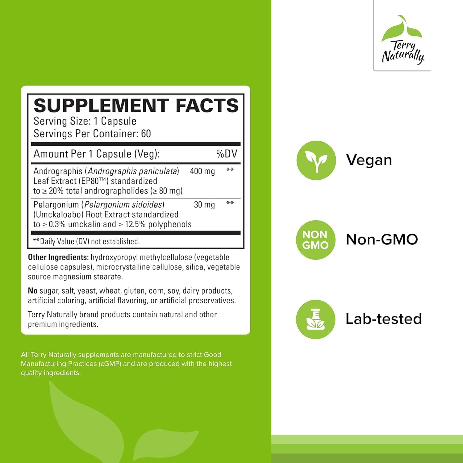 Terry Naturally Andrographis EP80 with Umckaloabo - Sinus Health Support - Supplement to Support Mucus Relief & Respiratory Function - Vegan Capsules to Aid Immune Health - 60 Capsules (60 Servings)