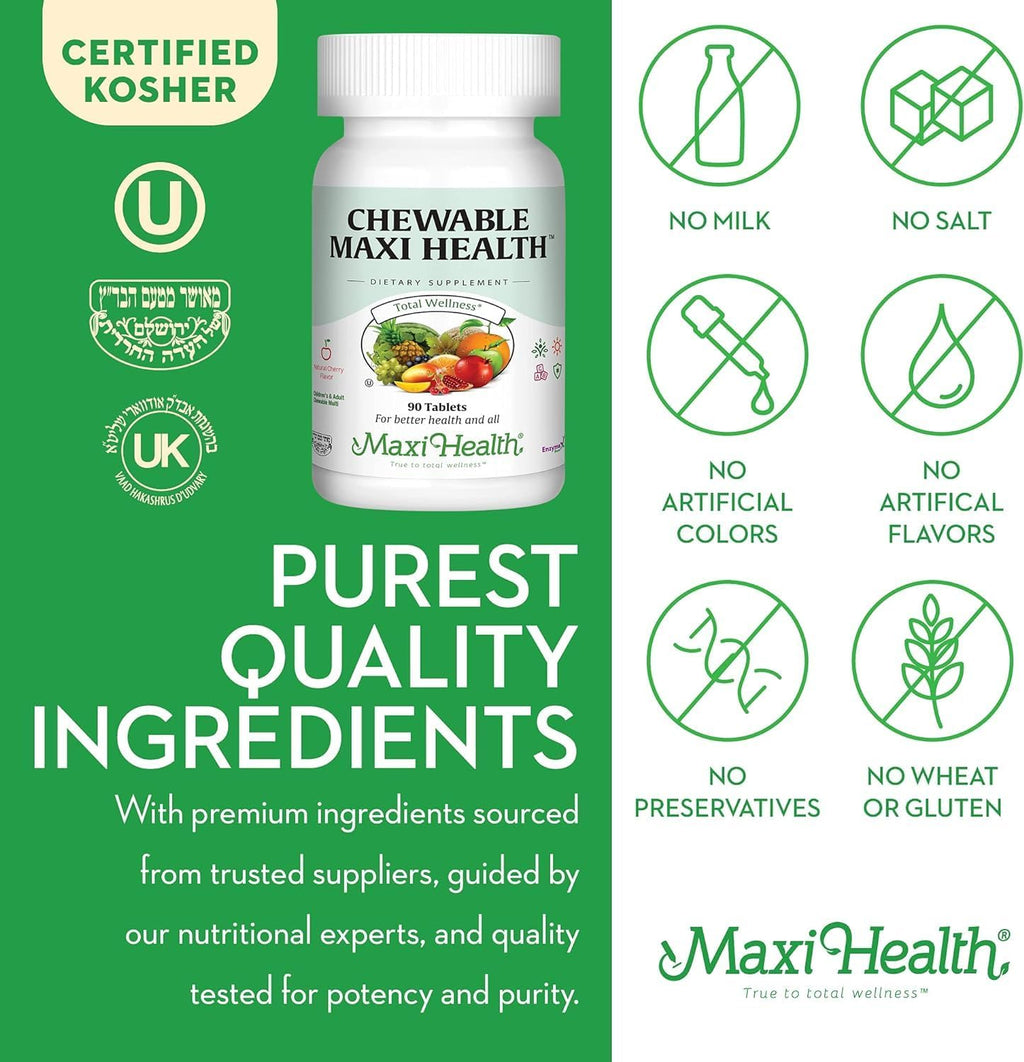 Maxi Health Chewable Multivitamin for Kids, Teens and Adults - Cherry Chewable Vitamins for Adults & Children - Kosher Kids Multivitamin + Iron (90 Tablets)