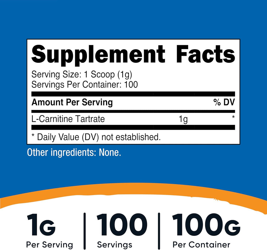 Nutricost L-Carnitine Tartrate Powder (100 Grams) - 1 Gram per Serving; 100 Servings