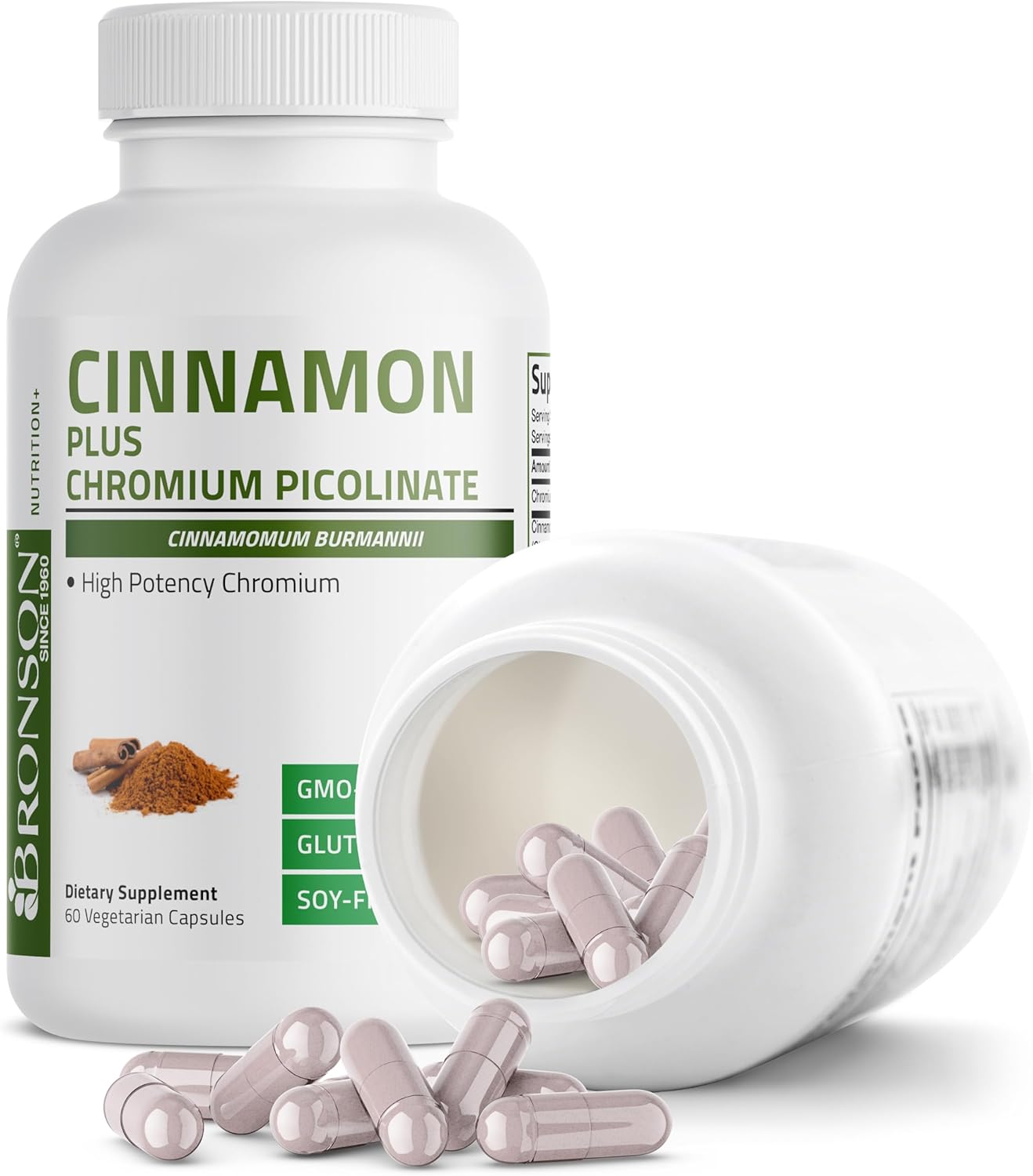 Bronson Cinnamon Plus Chromium Picolinate Supplement, High Potency Chromium, Non-GMO, 60 Vegetarian Capsules