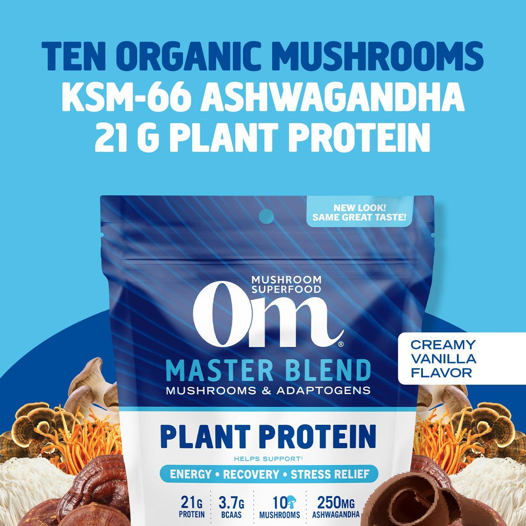 OM MUSHROOM SUPERFOOD Master Blend Plant-Based Protein Powder, 16 Servings, Creamy Vanilla with 10 Mushroom Blend & Adaptogens for Recovery, GLP-1 Support