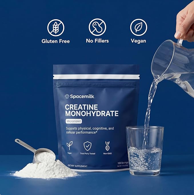 Spacemilk Vegan Non-GMO Creatine Monohydrate Micronized Powder, Unflavored, 5g Serving, 100 Servings