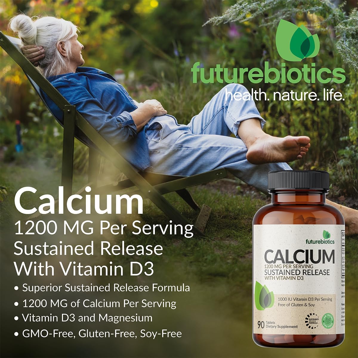 Futurebiotics Calcium 1200 MG Per Serving Sustained Release with Vitamin D3 1000 IU Per Serving Non-GMO, 180 Vegetarian Tablets