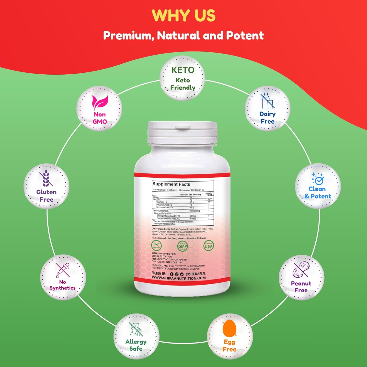 SHIFAA NUTRITION Halal Fish Oil 2000mg Softgels with 360mg EPA & 240mg DHA. 100 Wild Caught & Non-GMO Omega 3 Softgels for Heart & Brain Health. Burpless, Easy-to-Swallow Fish Oil Omega 3 Supplements