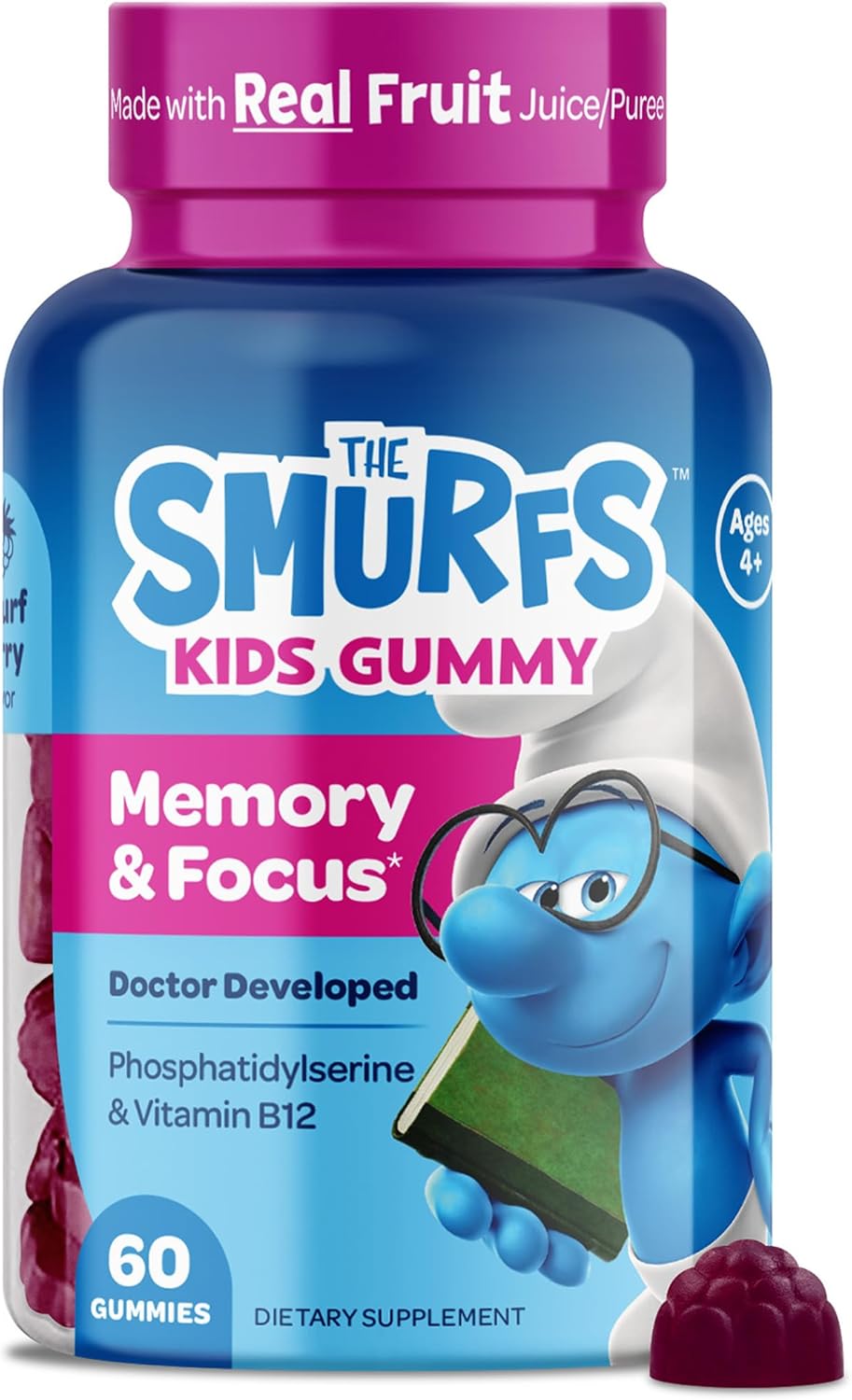 The Smurfs Nootropic Gummies for Kids with Vitamin B12 & L-Theanine | Laser Focus Gummy for Focus and Memory Supplements | Made with Real Fruit in a Smurf Berry | Doctor Developed | 60 Vegan Gummies
