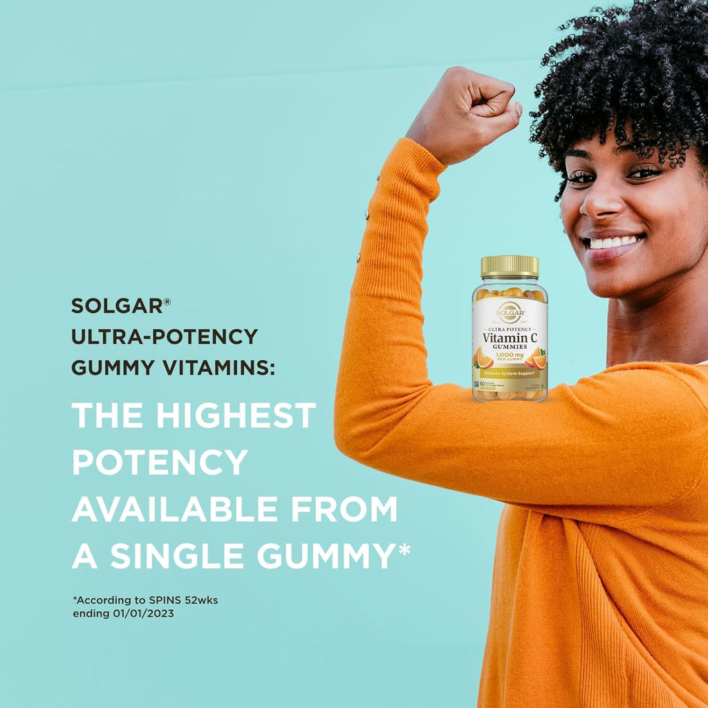 Solgar Vitamin C Gummies for Adults 1,000mg Ultra Potency Vitamin C Immune System Support for Women & Men - Tasty Tart Orange Flavor, Vegan & Gluten-Free Gummy, 2 Month Supply, 60 Servings, 2g Sugar