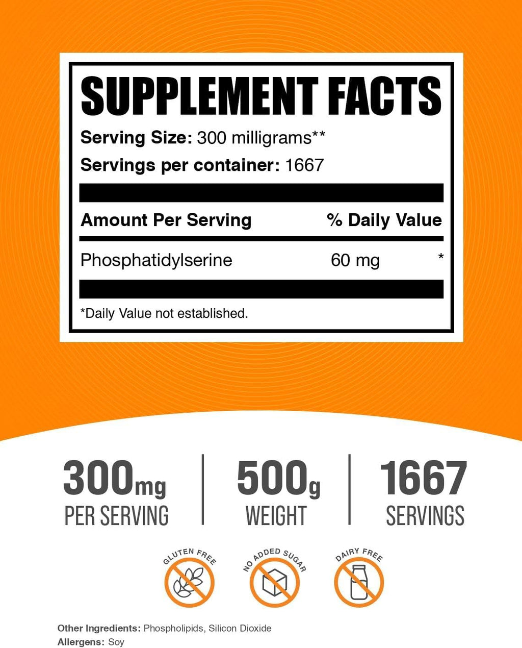 BulkSupplements.com Phosphatidylserine Powder - Phosphatidylserine Supplement, Sourced from Soy Beans - 300mg per Serving (60mg of Phosphatidylserine), 500g (1.1 lbs) (Pack of 1)