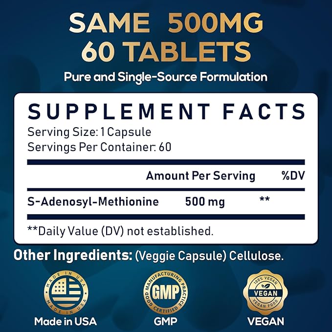 SAM e Supplement 500mg - Extra Strength SAM-e(S-Adenosylmethionine) for Mood, Liver & Join t | 25% More Potent Than 400mg SAM-e | Vegan | 60 Medical Blister Pack Capsules