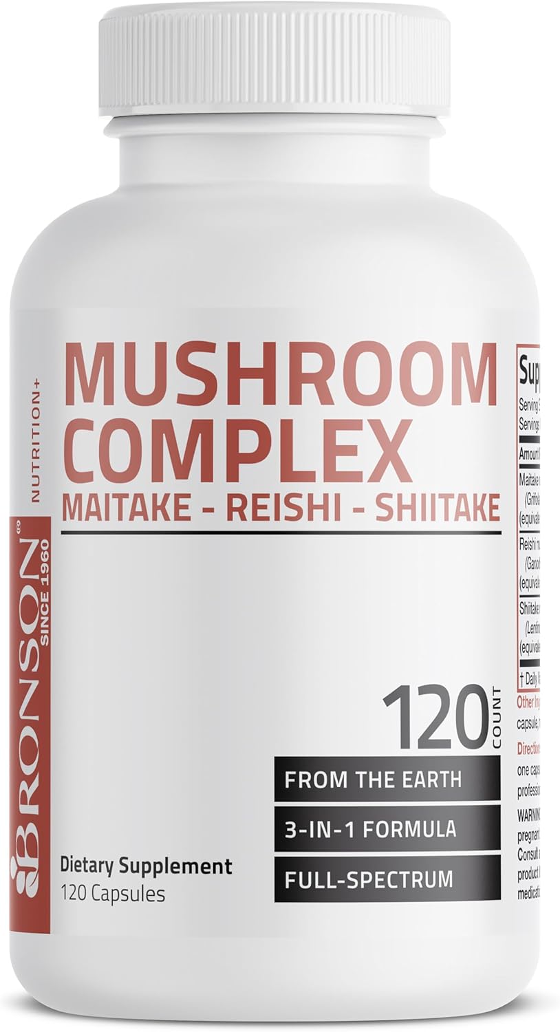 Bronson Triple Mushroom Complex - Maitake - Reishi - Shiitake - Powerful Antioxidant and Immune System Booster - Full Spectrum Mushroom Complex - 600 mg Capsules - 120 Count