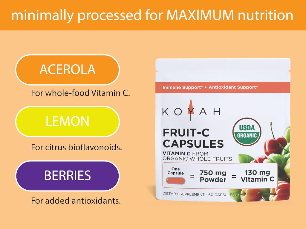 KOYAH Fruit-C - Organic Vitamin C Capsules - from Acerola Cherries, 100% Whole Fruits, 130 mg Vitamin C, Freeze-Dried, No Extracts - Whole-Food, Vegan, Non-GMO, 3rd Party Tested, 60 Capsules