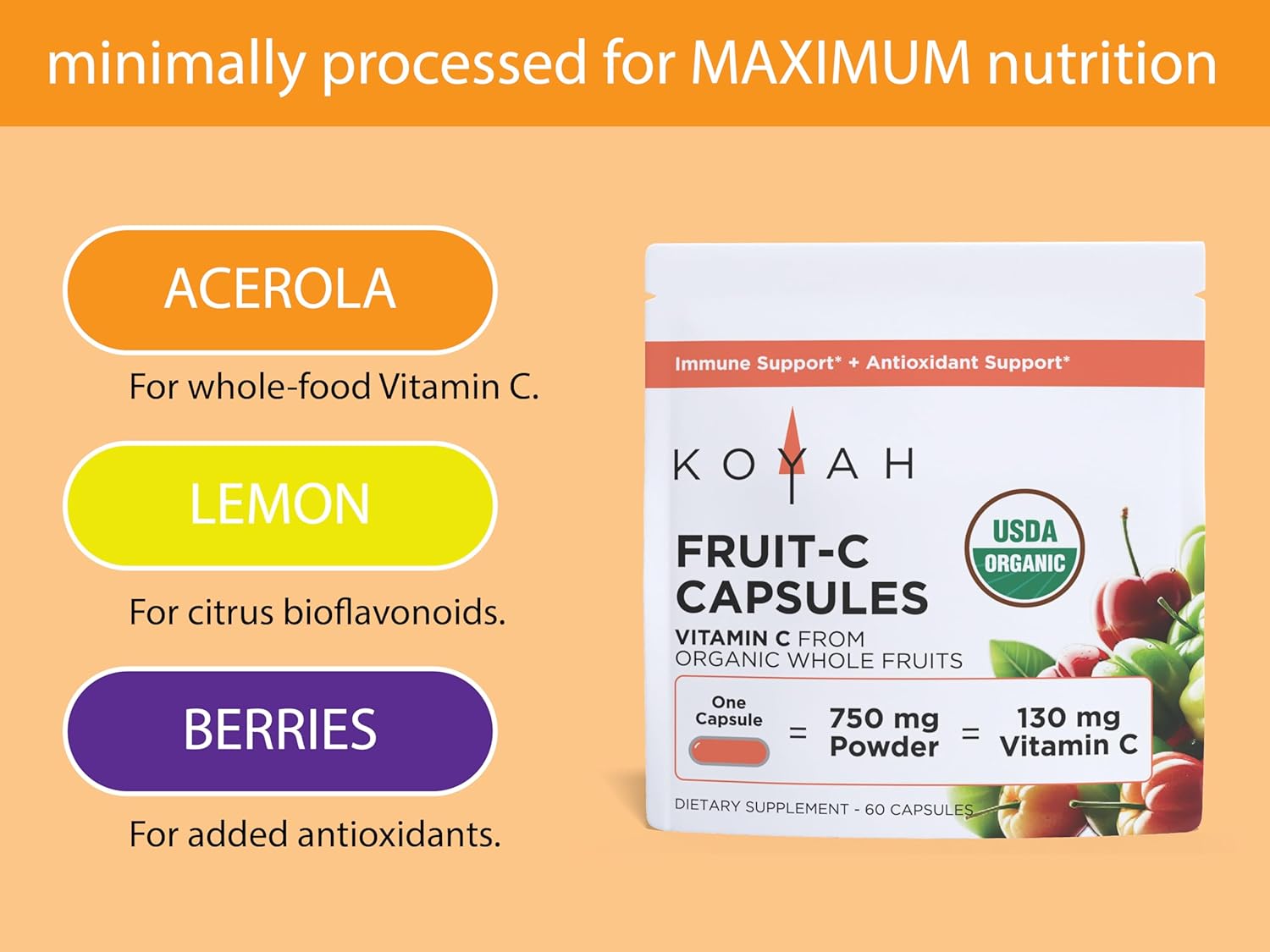 KOYAH Fruit-C - Organic Vitamin C Capsules - from Acerola Cherries, 100% Whole Fruits, 130 mg Vitamin C, Freeze-Dried, No Extracts - Whole-Food, Vegan, Non-GMO, 3rd Party Tested, 60 Capsules