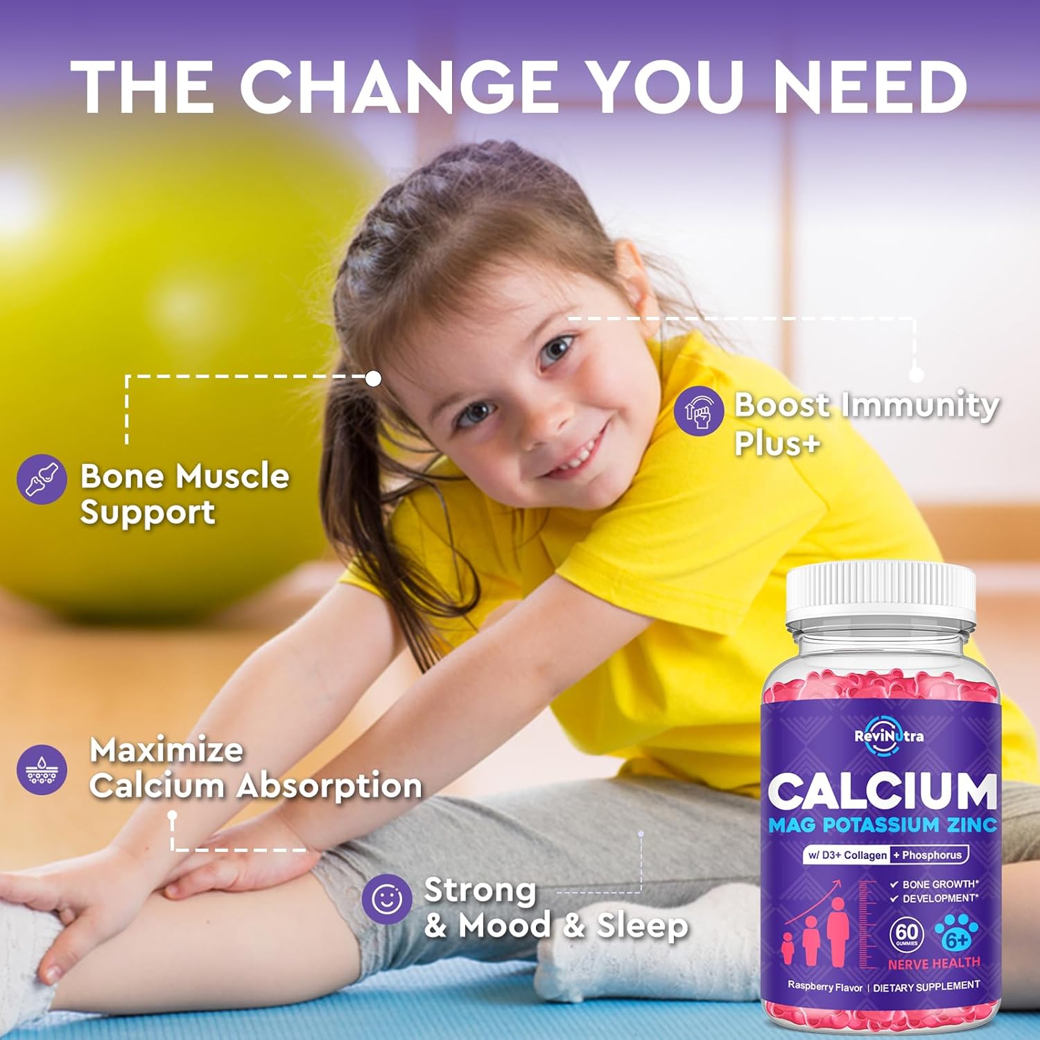 Calcium Potassium Magnesium Gummies for Kids & Adults, with Hydrolyzed Collagen, Zinc, Phosphorus, Multivitamin for Sleep, Bone Strength, Density Support, Sugar Free,Raspberry 2 Pack