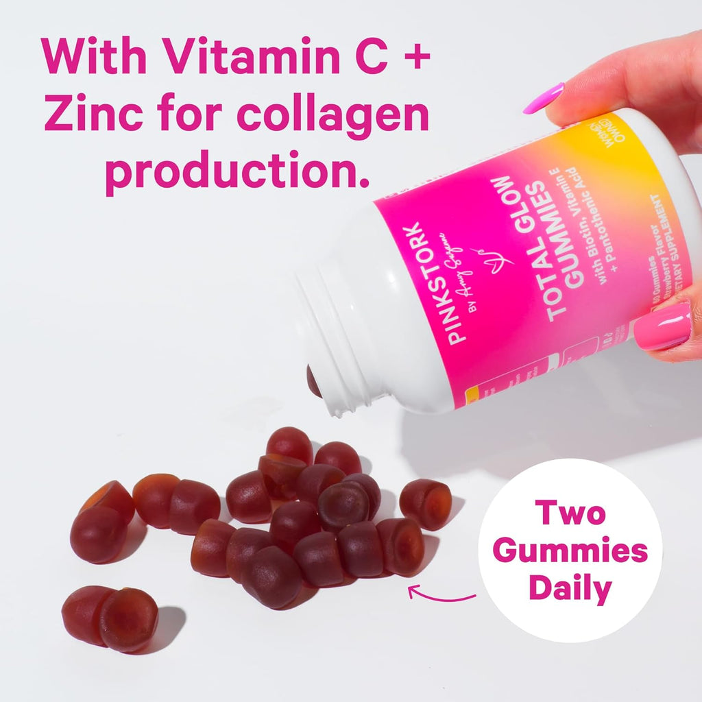 Pink Stork Total Glow Gummies for Women – Hair, Skin & Nails Vitamin with Biotin, Vitamin A, B6, B12, Folate, Zinc & More – Support for Radiant Skin, Strong Nails, and Healthy Hair – 60 Berry Gummies