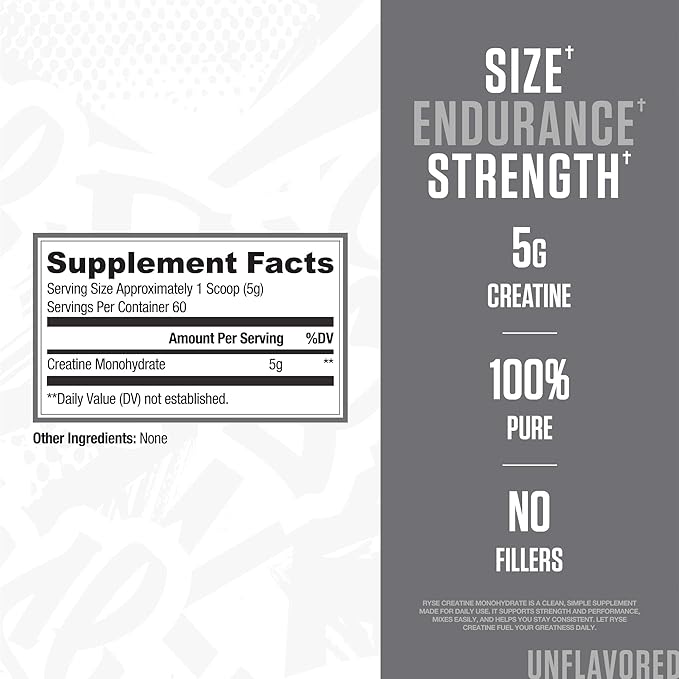 RYSE Creatine Monohydrate Powder - Unflavored - Supports Men & Women Lean Muscle Growth, Strength, Power, and Endurance - Helps Reduce Fatigue and Improve Workout Recovery - 60 Servings