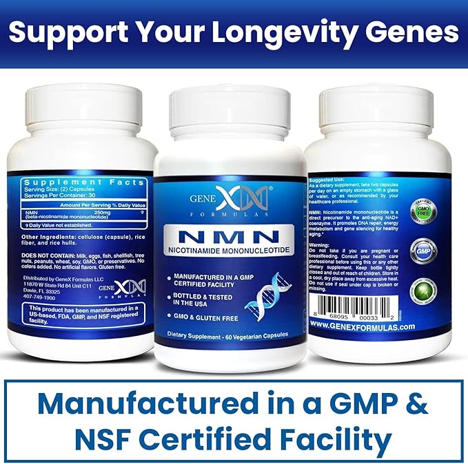 Genex Formulas NMN 250mg - Stabilized Form (60 Capsules), 99% Pure Supplement Capsules for Increased NAD Levels, DNA Repair, & Healthy Aging, GMP Certified